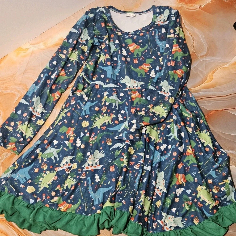 Girls 8/9 Christmas Dinosaur T-Rex Milksilk Twirl Dress Long Sleeve Pockets